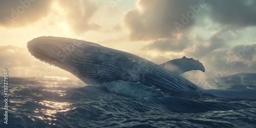 A breathtaking sight of a giant whale emerging from the ocean depths with water cascading off its body as the sun sets in the background © gunzexx png and bg
