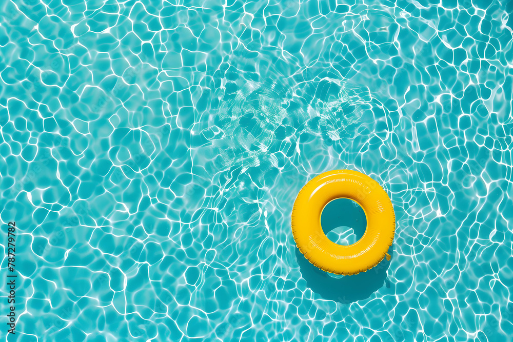 Aerial view of swimming pool transparent turquoise water. Yellow pool float, ring floating. - obrazy, fototapety, plakaty 