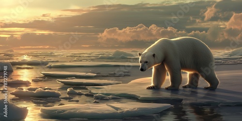 A solitary polar bear navigates through a stark landscape of melting ice  symbolizing climate change impact on wildlife