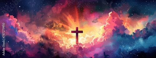 Easter illustration of the cross in front of clouds. Generate AI image