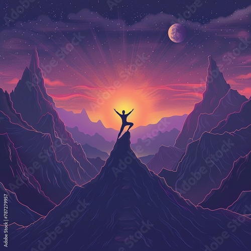 Yoga poses shaping a mountain range, sunset glow, surreal dream landscape.