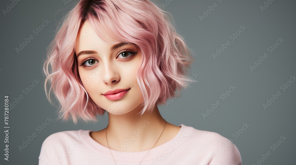 A vibrant woman with pink hair strikes a pose for a portrait