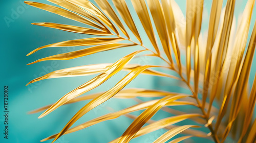 Golden palm leaf pattern texture on blue abstract background Copy space for g...