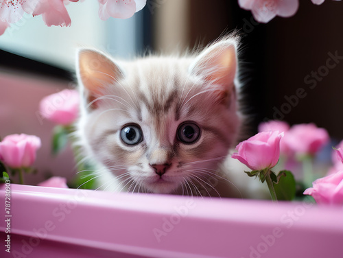 Cute little kitten with gray eyes is surrounded by pink roses.