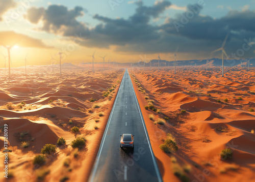 Aerial top view of a car and a hydrogen energy truck driving on a highway road in a desert