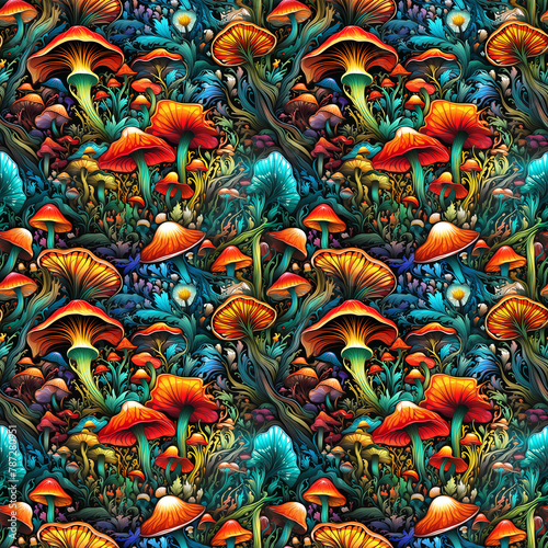 seamless pattern with magical fantastic mushrooms