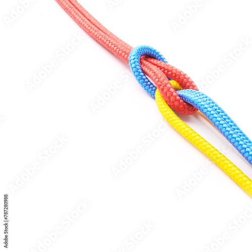 Colorful, ropes and knot for pride together in studio in mockup space for unity, connect and trust. Secure, string and reef for security to stop movement of objects on isolated white background