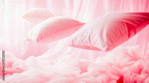 White pillows falling on a pink draped bed in a softly lit, dreamy and romantic bedroom setting.
