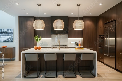 view A sleek and stylish portrayal of a modern kitchen setup photo