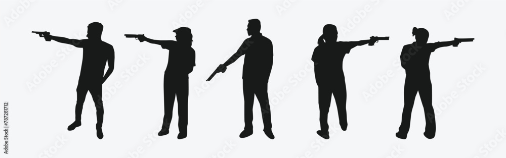 pistol shooting sport silhouette collection set. air pistol, handgun, shooting competition. vector illustration.