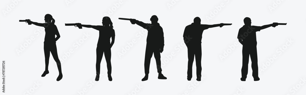pistol shooting sport silhouette collection set. air pistol, handgun, shooting competition. vector illustration.