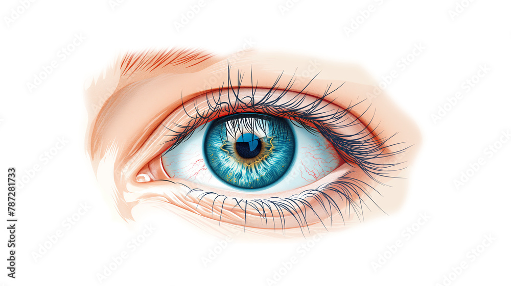 Obraz premium A close up of a blue eye with a white background. The eye is surrounded by a blurry outline, emphasizing its shape and color. The eye is the focal point of the image