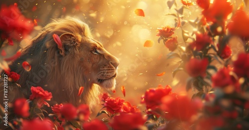 african lion sitting in a flower meadow