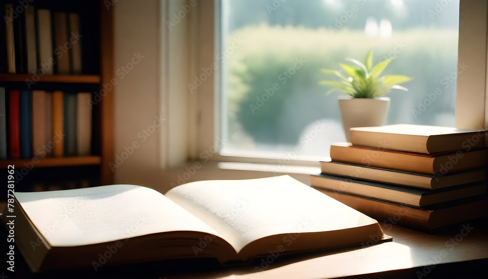 Illustration of open books on the table in a cozy room
Illustration of open books on the table in a cozy room