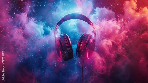 Colorful dust and smoke bursting from headphones, intense light pulses reflecting energetic music vibes at a festive party photo