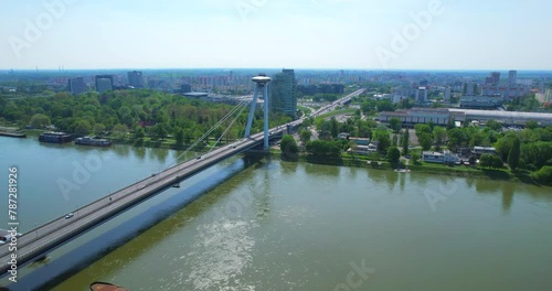 Bratislava bridge „Most Slovenskeho narodneho povstania“ Slovakia in beautiful weather, aerial view in Europe aerial shot in HFR