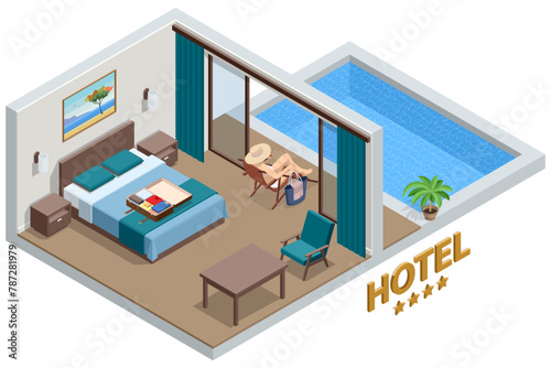 Isometric Modern Bedroom Suite in Hotel. Luxury Gotel and Exterior Design Pool Villa with Living Room, Sunbed and Sofa. Enjoy the Holiday and Vacation. Mobile Application, Hotel Booking Online