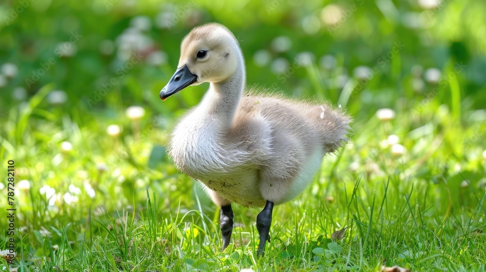 Adorable Baby Swan Grazing on Lush Green Grass in Natural Habitat Adorable Baby Swan Grazing on Lush Green Grass in Natural Habitat