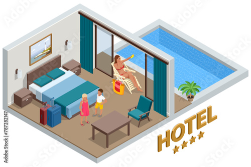 Isometric Modern Bedroom Suite in Hotel. Luxury Gotel and Exterior Design Pool Villa with Living Room, Sunbed and Sofa. Enjoy the Holiday and Vacation. Mobile Application, Hotel Booking Online