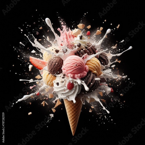 Ice cream explosion isolated on a black background