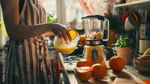 woman cut orange for mixing healthy vegetable and fruit juice in blender in kitchen with copy space beautiful caucasian woman cooking healthy diet fruit or vegetable in kitchen : Generative AI © Generative AI