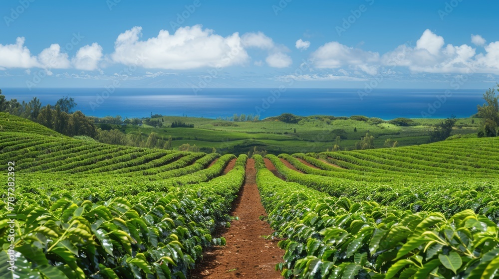 Beautiful Rows of Coffee Bushes Stretching to Pacific Ocean in Coffee Company Fields. Perfect Background for Agriculture and Countryside Images