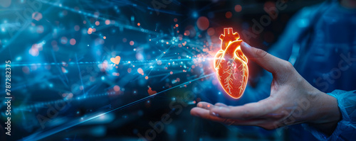 Cardiologist examining patient's heart functions with virtual medical interface - diagnosing cardiovascular disorders, healthcare technology photo
