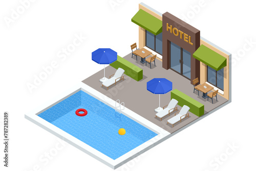 Isometric Modern Bedroom Suite in Hotel. Luxury Gotel and Exterior Design Pool Villa with Living Room, Sunbed and Sofa. Enjoy the Holiday and Vacation. Mobile Application, Hotel Booking Online