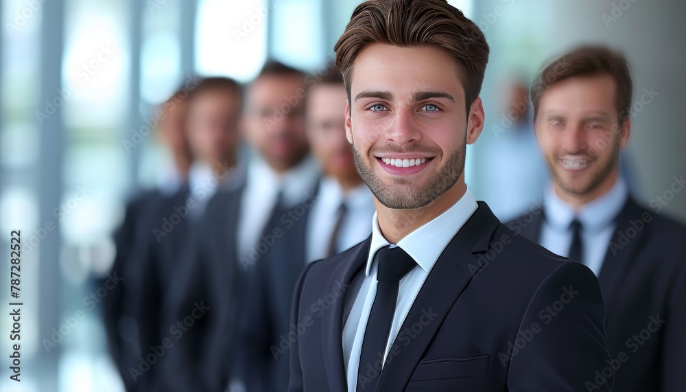 Young businessman leading team meeting with copy space on blurred background for text placement Young businessman leading team meeting with copy space on blurred background for text placement