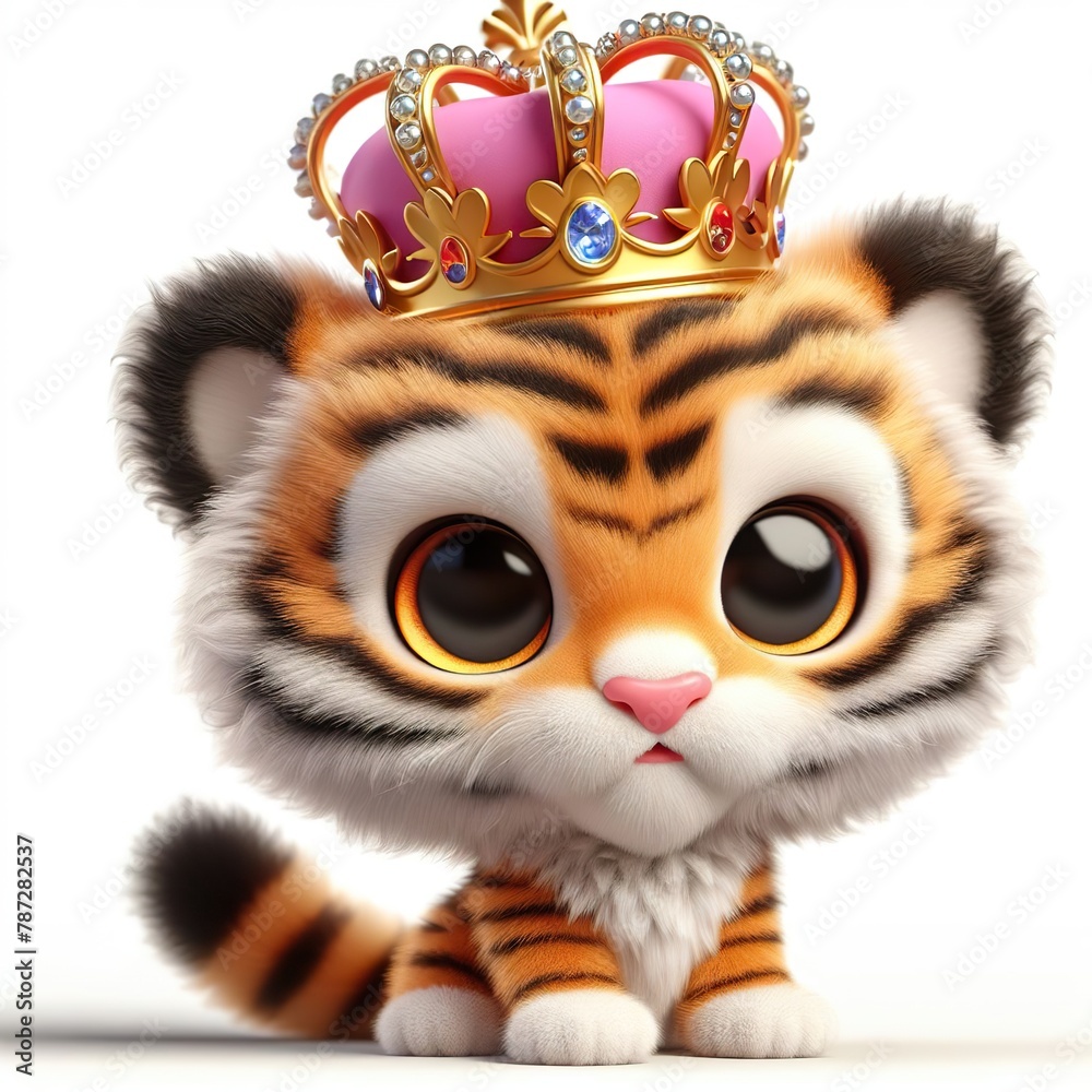 cartoon of a very cute tiger with the crown isolated white background