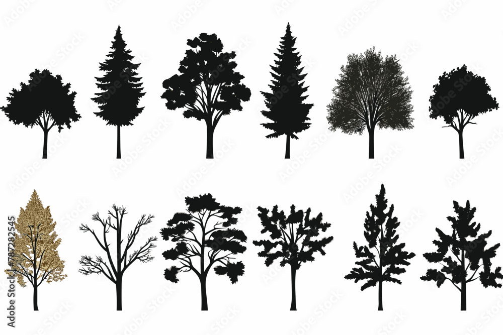 Silhouette tree set. Side view, set of graphic trees elements outline symbol for architecture and landscape design drawing. Vector illustration Silhouette tree set. Side view, set of graphic trees elements outline symbol for architecture and landscape design drawing. Vector illustration