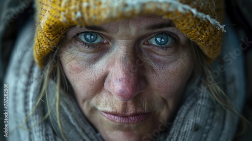 Beggarly Homeless Woman: Emotions of Depression and Degradation in Close-up Concept with Dirty and Drunk Appearance in Colorful Background photo