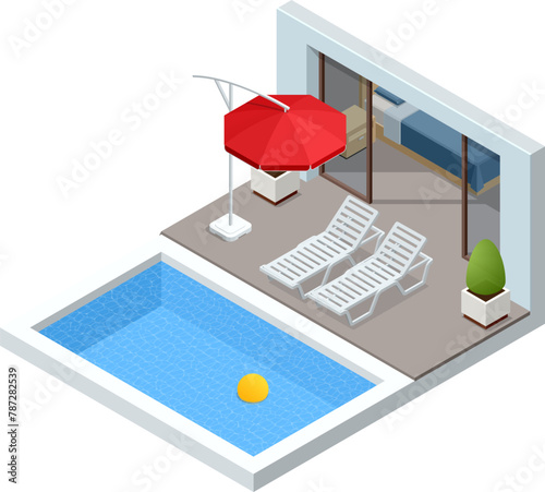 Isometric Modern Bedroom Suite in Hotel. Luxury Gotel and Exterior Design Pool Villa with Living Room, Sunbed and Sofa. Enjoy the Holiday and Vacation. Mobile Application, Hotel Booking Online