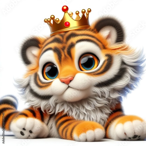 cartoon of a very cute tiger with the crown isolated white background