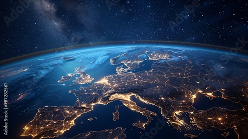 Digital representation of Earth centered on Europe, glowing lines of network and data transfer across a dark space background