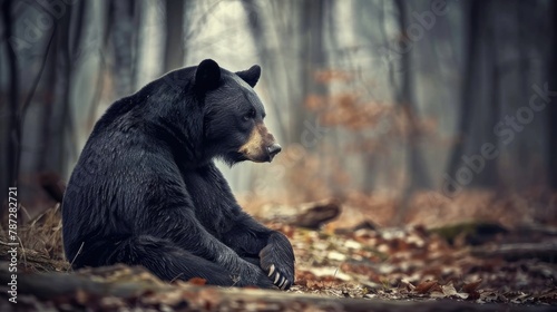Black Bear Sitting in the Woods. A Majestic Carnivore Mammal with Big Presence - Ursus Americanus photo