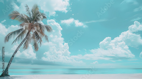 Palm tree on tropical beach with blue sky and white clouds abstract background Copy space of summer vacation and business travel concept Vintage tone filter effect color style : Generative AI