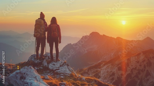 Early morning on a high mountain, a couple of hikers enjoying the serene beauty of sunrise, symbolizing freedom and adventure