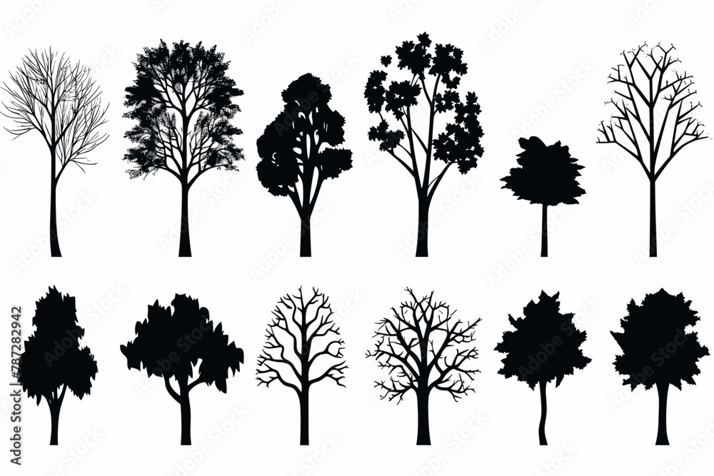 Silhouette tree set. Side view, set of graphic trees elements outline ...