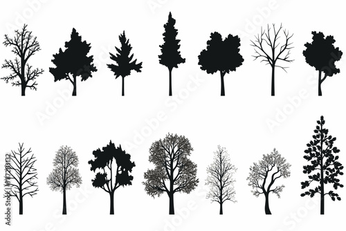 Silhouette tree set. Side view  set of graphic trees elements outline symbol for architecture and landscape design drawing. Vector illustration