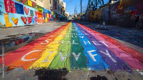 A chalk drawing of a rainbow on a sidewalk filled with messages of support and love