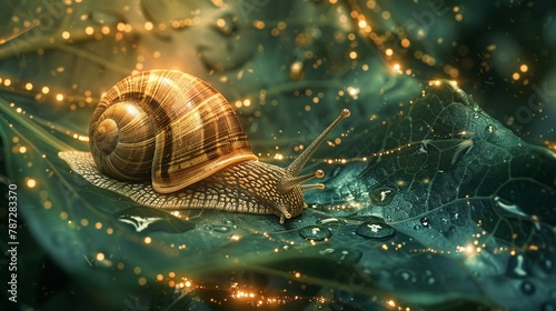 Ethereal interpretation of a snail moving along a green leaf, with the leaf veins glowing softly, as if illuminating the path