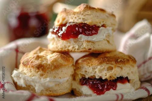 Buttery Homemade Scones Closeup with Strawberry Jam and Clotted Cream for Fresh and Sweet Baked Goods Photograph
