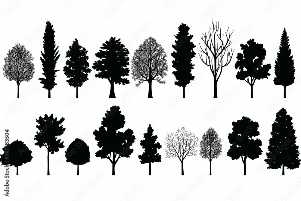 Silhouette tree set. Side view, set of graphic trees elements outline symbol for architecture and landscape design drawing. Vector illustration