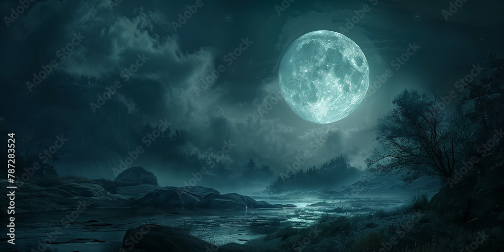 Fototapeta premium A full moon illuminates a misty river landscape, with silhouettes of trees and rocks under a starry night sky.