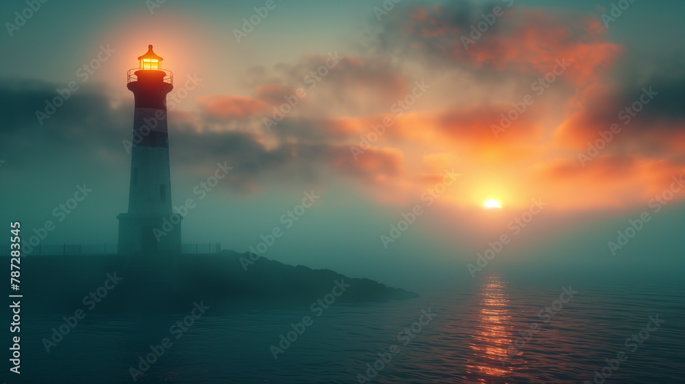 A solitary lighthouse stands against a sunset enveloped by fog, casting a warm glow over the tranquil sea.
