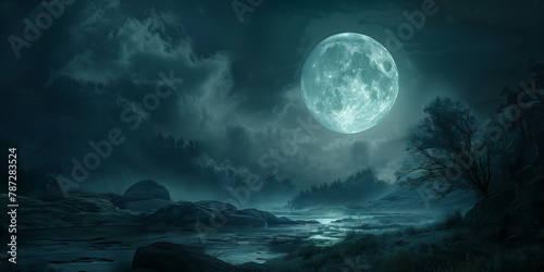 A full moon illuminates a misty river landscape, with silhouettes of trees and rocks under a starry night sky.
