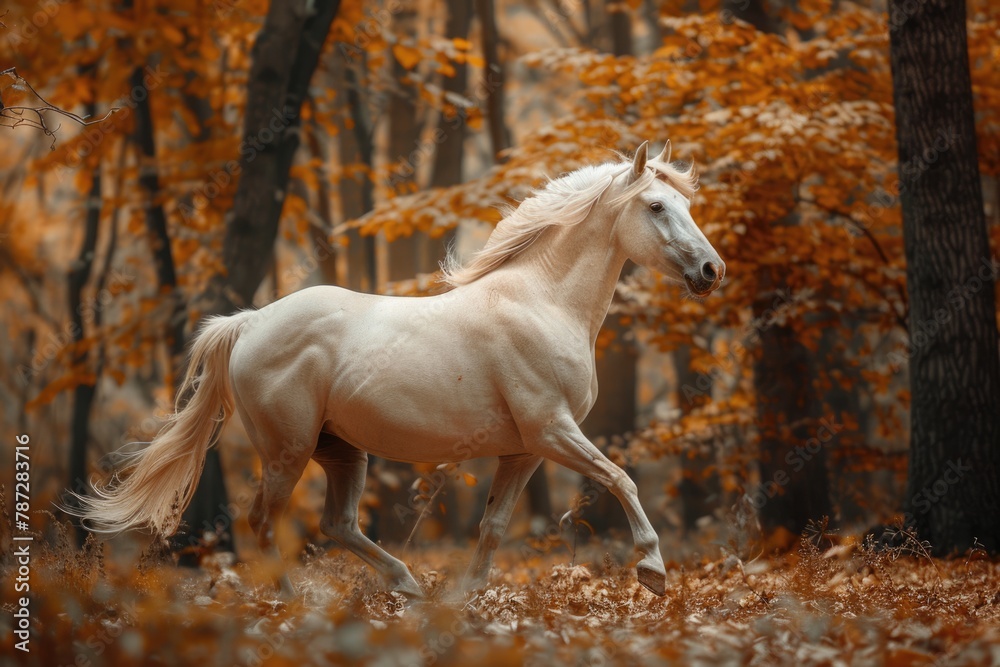 Free and Majestic: Cremello Akhal Teke Stallion Trots through Autumn Forest