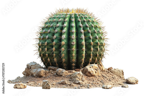 Vibrant green barrel cactus with sharp spines and sandy base isolated on a transparent background photo