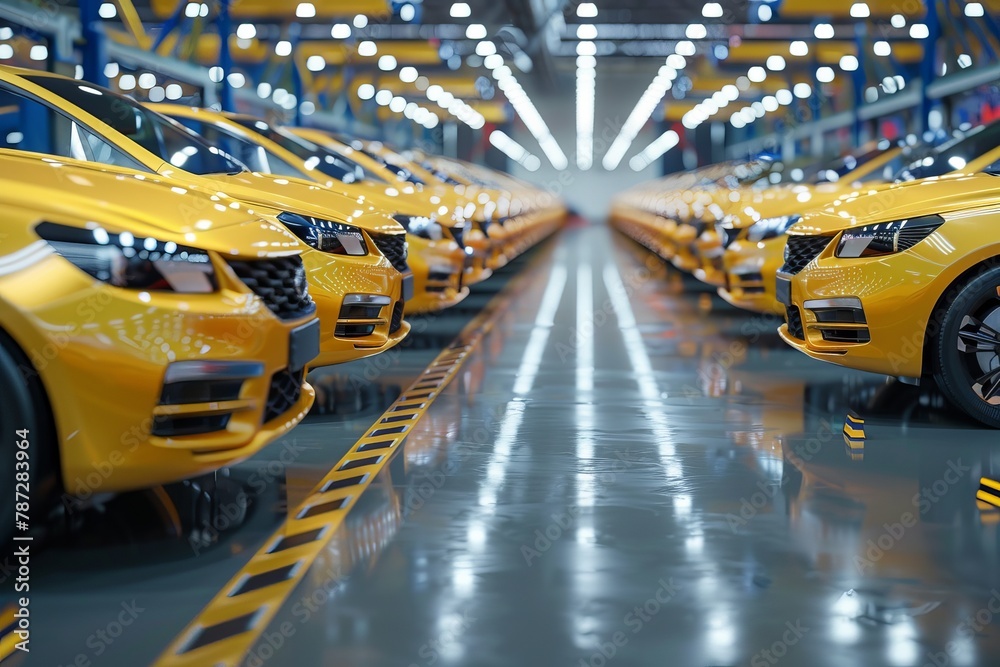 Futuristic electric car factory with robotics production line and efficiency stats on wide banners